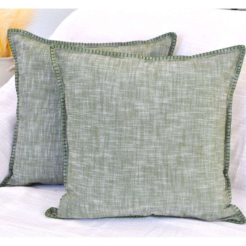 Textured Cotton Throw Pillow Covers / Modern Cushion Covers / Elegant Square Pillow Cases, 16"H x 16"W, Green  Stitched Edge