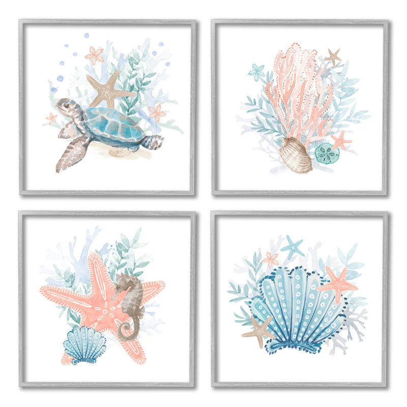 «Divers Sea Life Nautical Coral Reef», ensemble de 4 giclées encadrées par Lanie Loreth, H 17 po x l 17 po x P 1,5 po