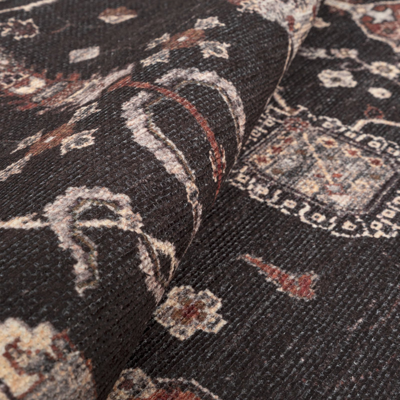 GLN Rugs Traditional Collection - Machine Washable Area Rug, Bohemian Vintage Washable Rug, Non Slip Area Rug, Low Pile Chenille Living Room Rug, Bedroom Rug, Bathroom Rug (Black Rug)