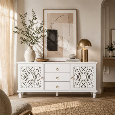Farmhouse Vintage TV Stand Sideboard Buffet Storage Cabinet with Hollow Carved Doors, 3 Drawers & Adjustable Shelves