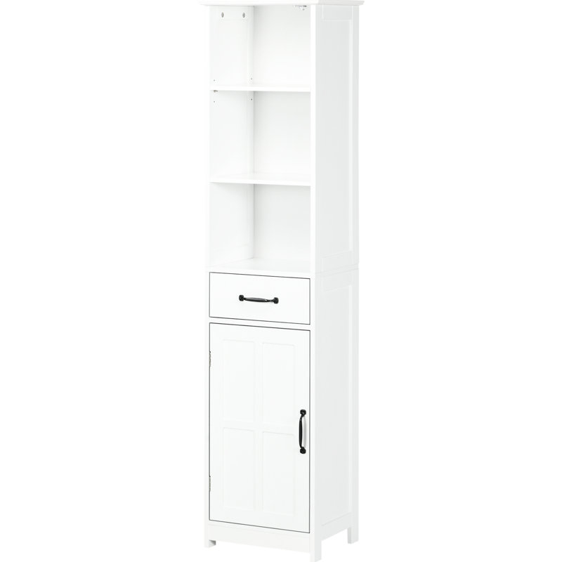 Grande armoire de rangement blanche avec 3 tablettes, un tiroir et une porte encastrée pour les serviettes hygiéniques, un tiroir mince et des tablettes pour maximiser l'espace