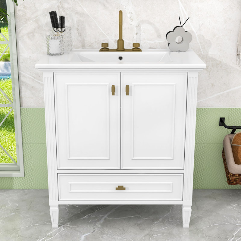 Meuble-lavabo autoportant avec lavabo en céramique, tiroir et 2 portes à fermeture en douceur, White
