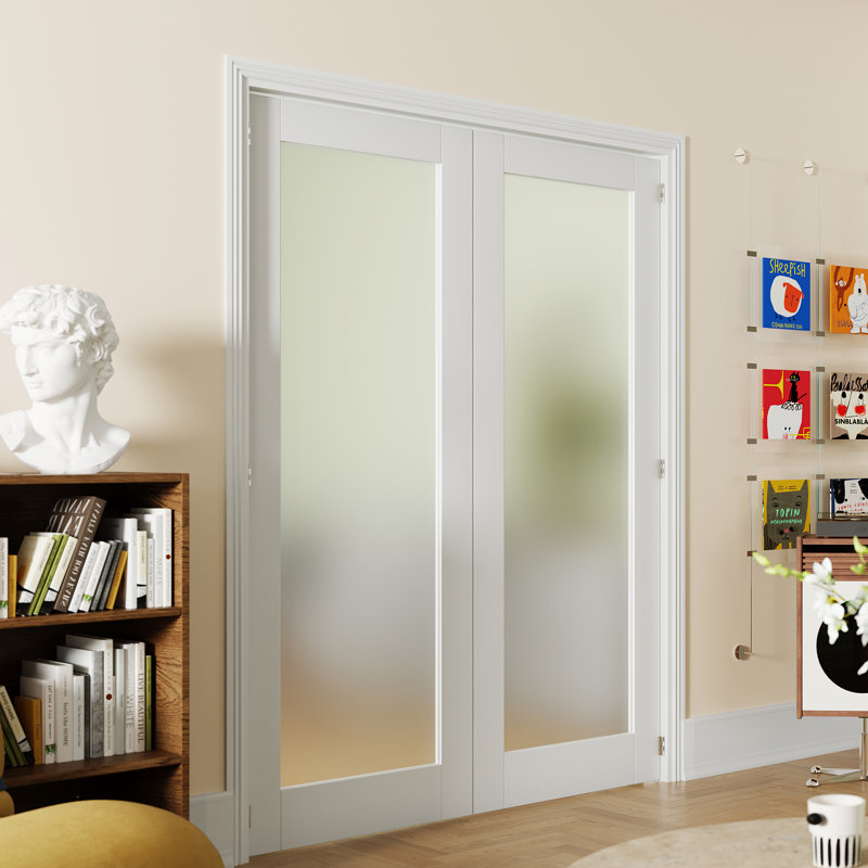Porte double intérieure en verre givré 1 Lite - Dalles de porte en panneau de fibres à densité moyenne avec cadre pré-monté et ensemble de quincaillerie