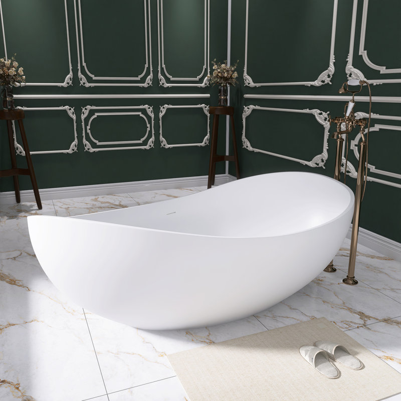 63 In. X 37 In. Solid Surface Freestanding Flatbottom Soaking Bathtub, Matte White