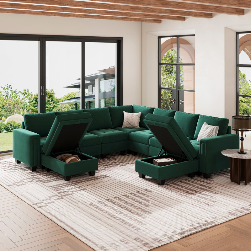 Canapé modulaire en velours de salon avec 2 repose-pieds avec rangement Shavera, Velours vert