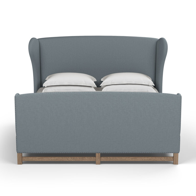 Herbert Upholstered Wingback Bed, Twin, Crushed Velvet Silver Streak, Weathered