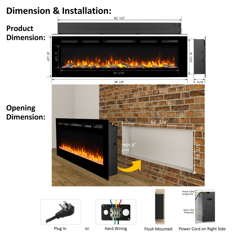 Puraflame Alice 68" Recessed Electric Fireplace, Flush Mounted for 2 X 6 Stud, Log Set & Crystal, 1500W Heater, Black