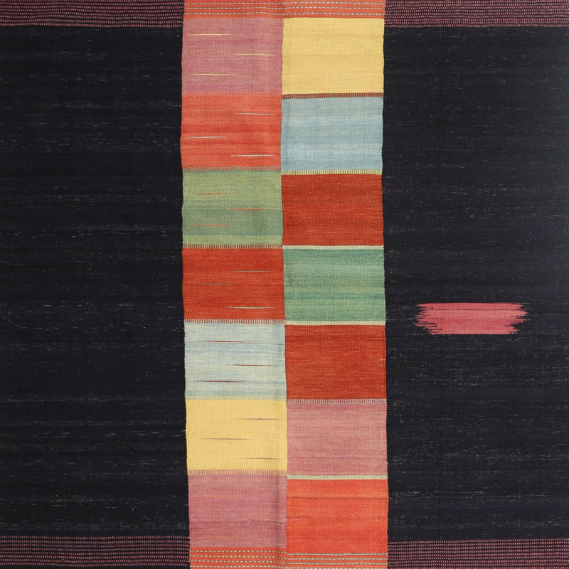 Tapis noir/orange/jaune contemporain, Carré 4 pi