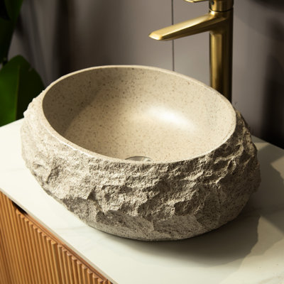 Lavabo de salle de bain beige ovale irrégulière en résine 18 po avec motif de pierre artistique, sans robinet, lavabo pour salle de bain sans effort, style, beige, pour une utilisation prolongée
