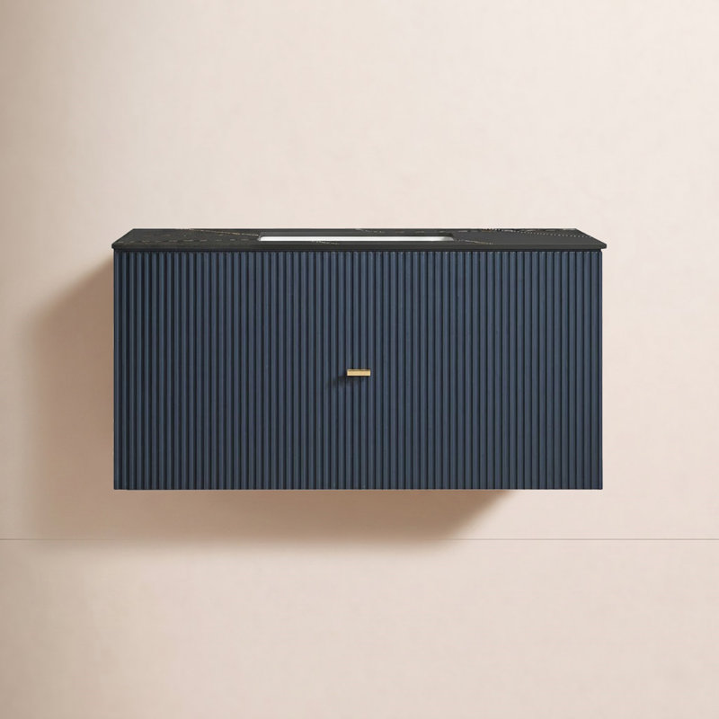 Meuble-lavabo simple 42 po avec plateau en pierre reconstituée Jamell, Bleu très foncé, Noir
