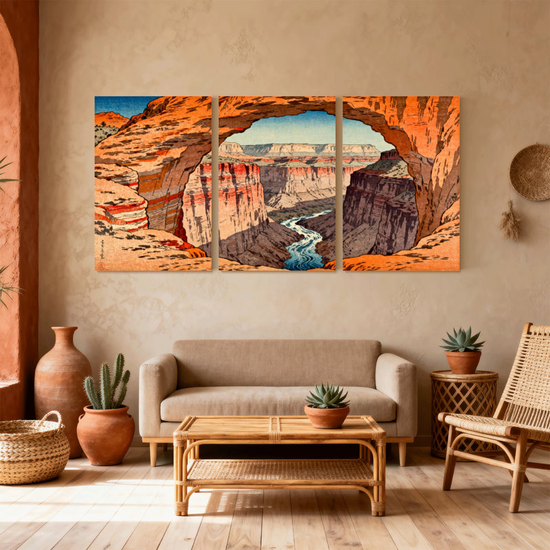 Canyon Arch River Reflection Landscape Art Print Set of 3 Canvas Wall Art Prints, 18" H x 36" W