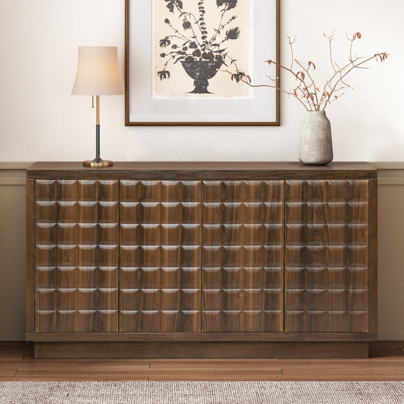 Armoire de rangement moderne à 4 portes avec portes géométriques 3D et garniture en métal, Brun