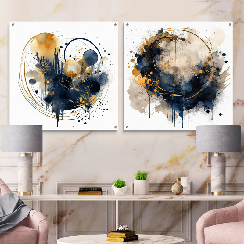 «Blue Minimalims Fludity I», ensemble de 2 verres muraux abstraits en acrylique, H 36 po x l 73 po