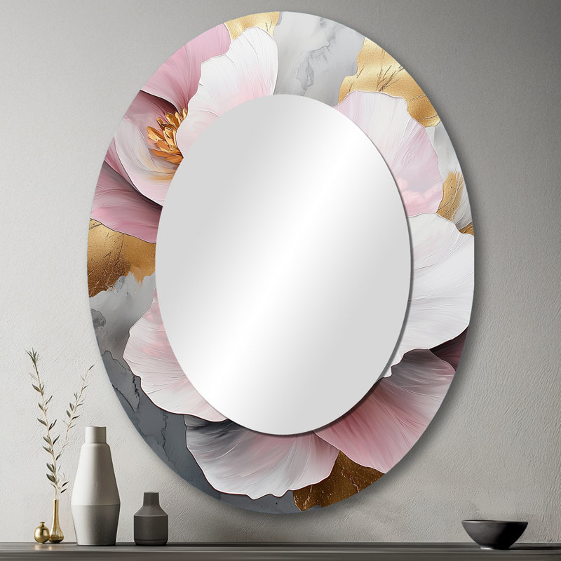 Blanc et rose pivoines élégantes I - miroir mural traditionnel ovale, 43 po x 33 po