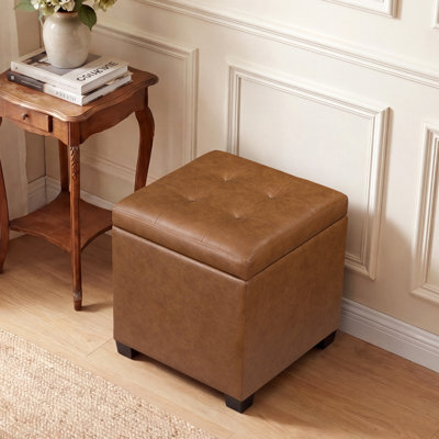15.3" Square Faux Leather Storage Ottoman