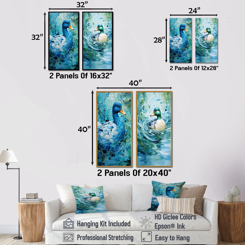 Duck Abstract Ripples II - ensemble de 2 décorations murales canard, H 40 po x l 41 po, Toile tendue