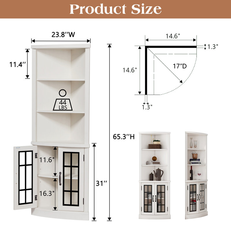 Armoney 65.3" H x 23.8" W 5 Tier Corner Storage Bookcase, Distressed White, Distressed White