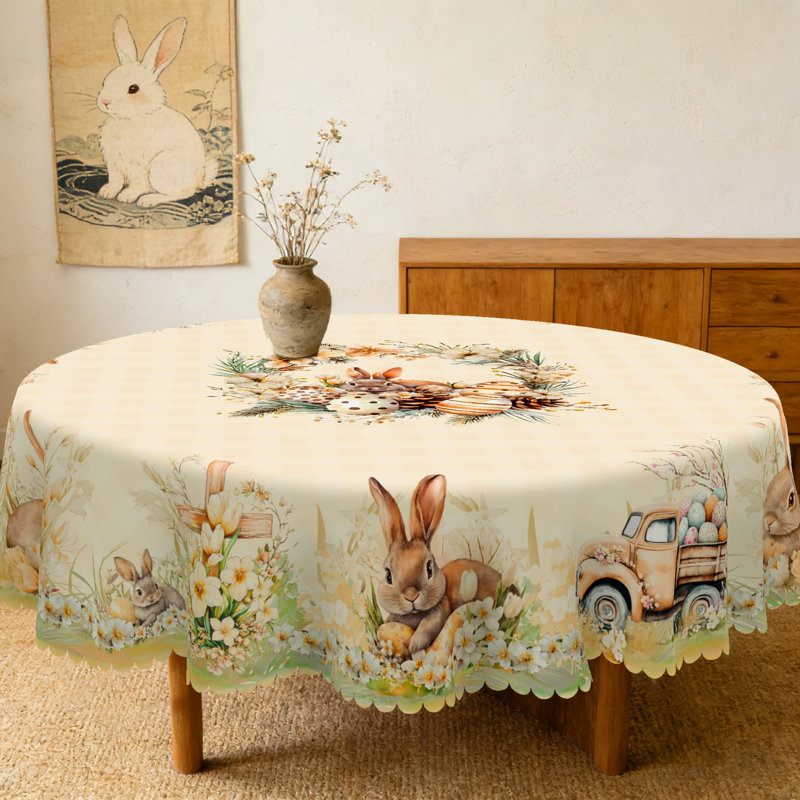 Vintage Easter Bunny Tablecloth - Plaid & Floral Wreath Printed Fabric Cover, Reusable Round/Rectangular Tablecloth for Easter Brunch, Spring Gatherings | Decorative Scalloped-Edge Tablecloth with Bunny & Egg Design, Fits Dining Tables