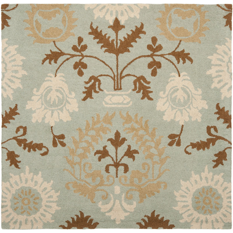 Tapis bleu en laine à boucles fait à la main Jahiem, Carré de 6 pi