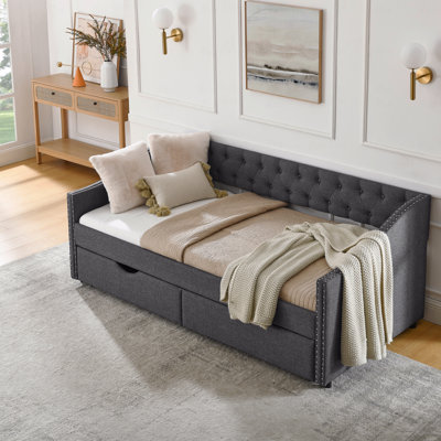 Upholstered Daybed, Twin Size Daybed With Drawers Tufted Sofa Bed, With Button On Back And Copper Nail On Waved Shape Arms