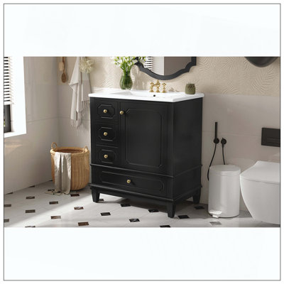 Freestanding Bathroom Vanity Ceramic Sink Solid Wood 3 Drawers Shelves