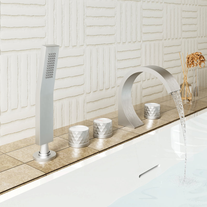 Garniture de robinet de baignoire pour salle de bain à 3 poignées avec douche à main, Nickel brossé