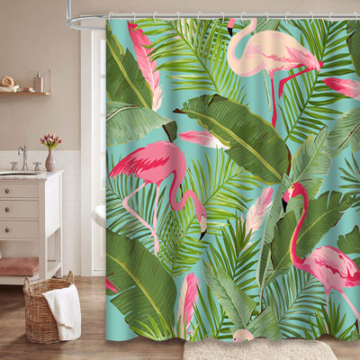 Rideau de douche tropical à motif floral tropical avec 12 crochets Flamingo
