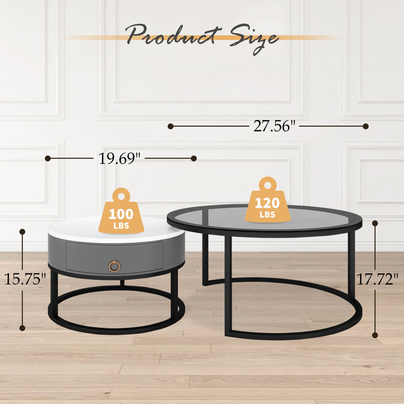Kitara Round Nesting Coffee Table Set, Storage Drawer Accent Living Room Tables