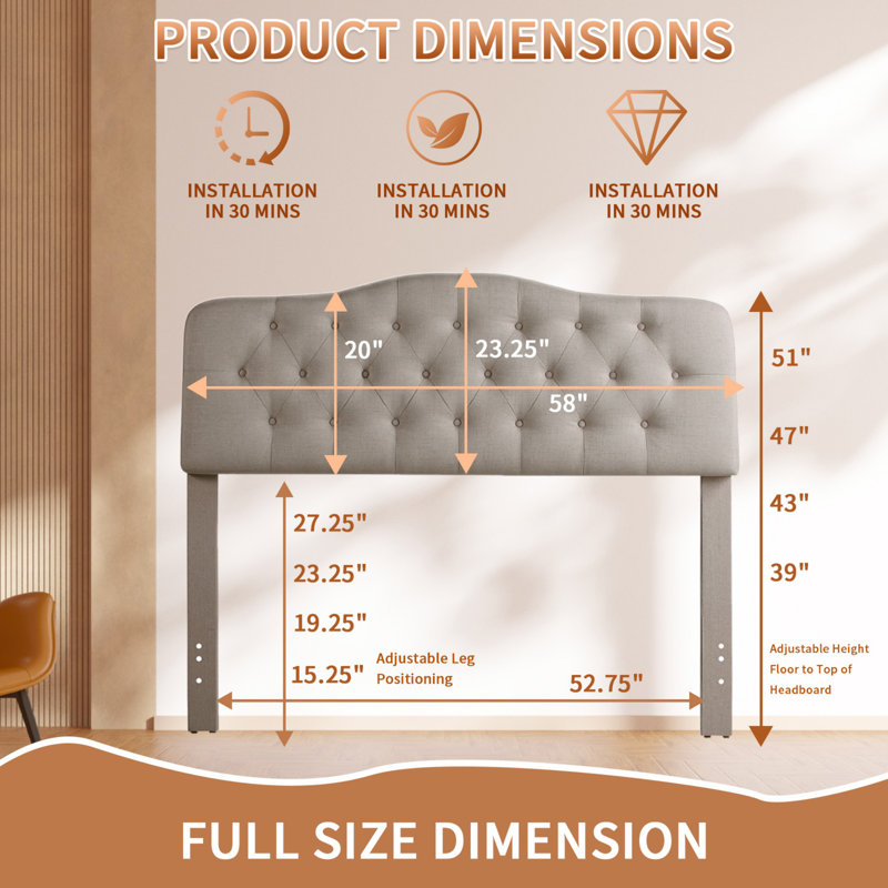 Adjustable Height Headboard with Linen Upholstery and Button Tufting for Bedroom, Beige, Full