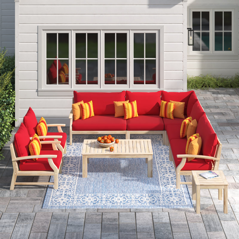 Paulet 9 Piece Sectional Seating Group With Sunbrella Cushion Covers, Centered Ink Stripe Sunbrella®