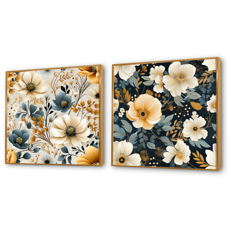Riendeau - Ensemble de 2 reproductions d'art sur toile florales, Cadre flottant doré, H 16 po x l 33 po x P 1 po