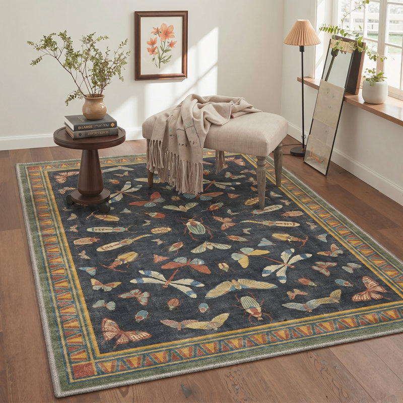 Adonis Vintageon Vintage Machine Washable Black / Green Indoor Area Rug with Non-Slip Backing, Rectangle 5' x 7'