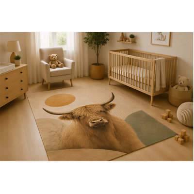 "Ultra Thin" 5' x 7' Highland Cow Farmhouse Area Rug, Soft Low Pile Indoor Rug with Non-Slip Silicone Backing, Rustic Animal Carpet for Living Room, Bedroom, Nursery, Family Room, Brown Beige