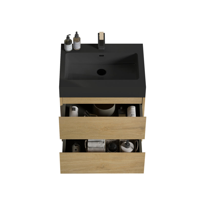 Meuble-lavabo de 61 cm (24 po) en chêne naturel, accessoire moderne, grand tiroir, fermeture silencieuse, lavabo intégré, grand espace de rangement intérieur, style
