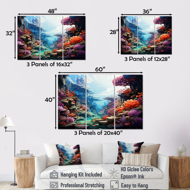 Aqua Serenade Under Water Corail III - Ensemble de décoration murale corail sous l'eau Coastal, Toile tendue