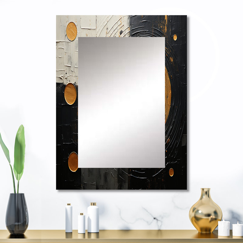 Or noir saturn Mercurys Mirage I - miroir décoratif spirales abstraites, grand miroir mural doré, art imprimé en métal
