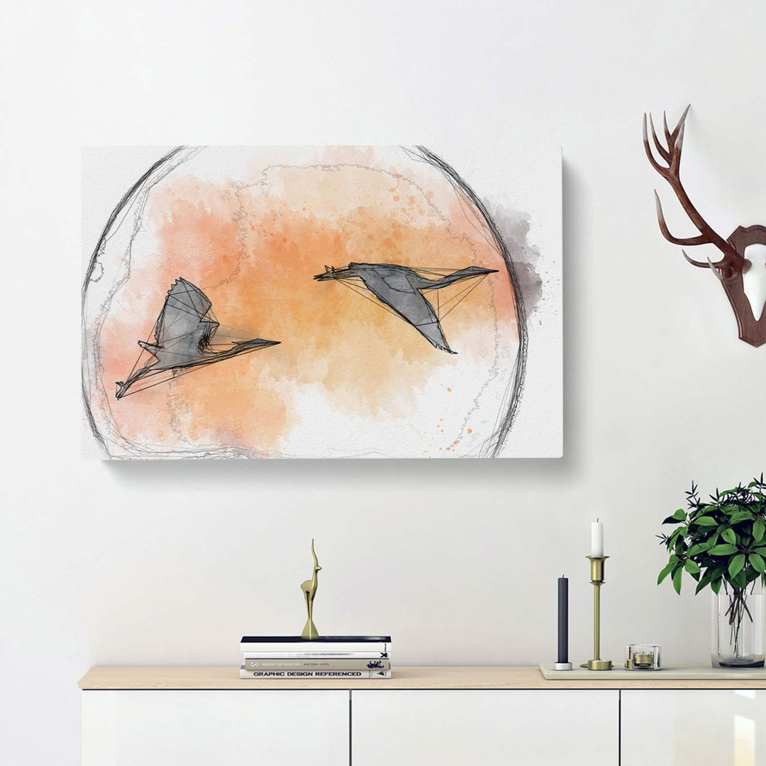 Two Heron Birds in Flight in Abstract - Wrapped Canvas