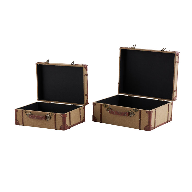 Hamachi Wooden Nesting Upholstered Decorative Beige Trunk with Vintage Accents and Studs Set