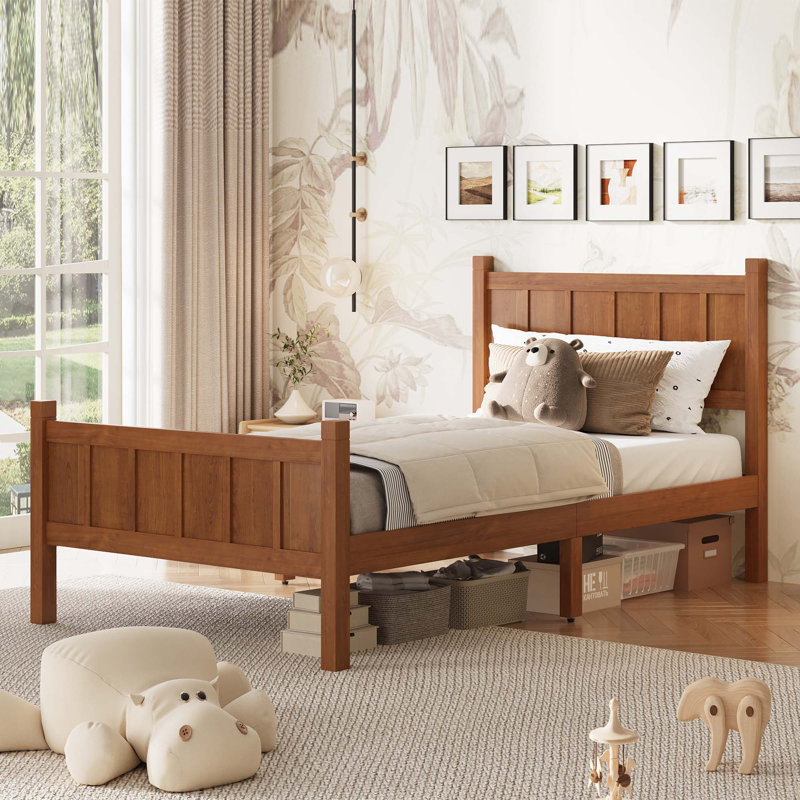 Flat Panel Bed with Headboard & Footboard,Minimalist Modern Platform Bed with Wood Grain Finish, Walnut, Twin