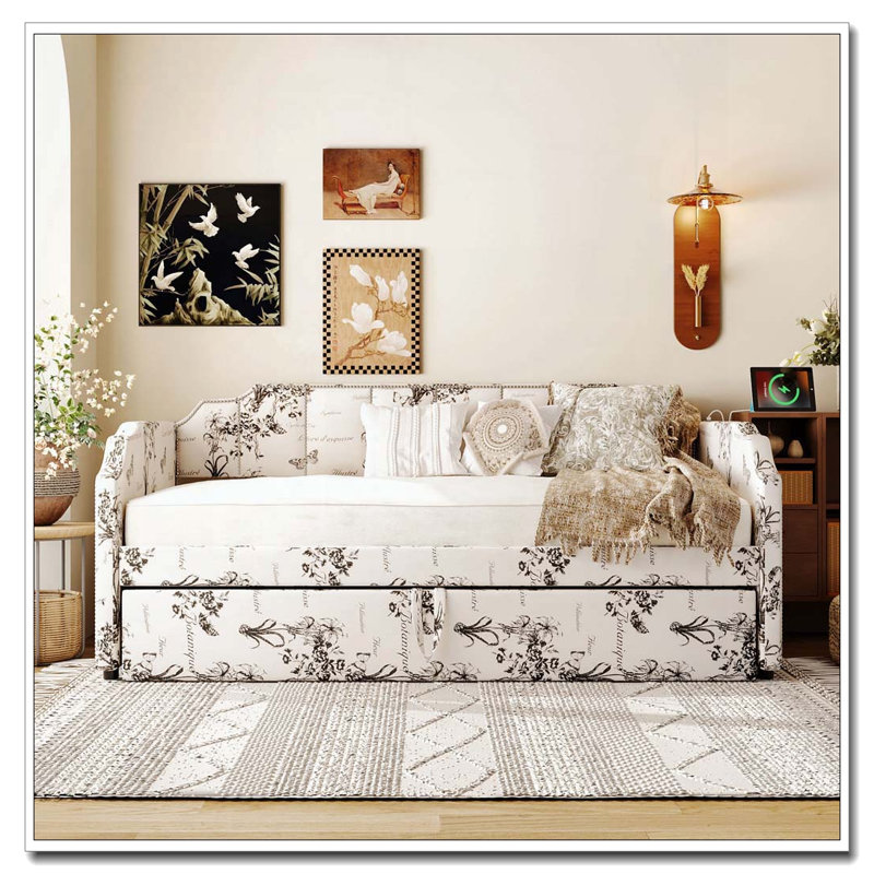 Twin Size Upholstered Daybed with Pop-Up Trundle & USB Charging Ports, White Tossed Botanical