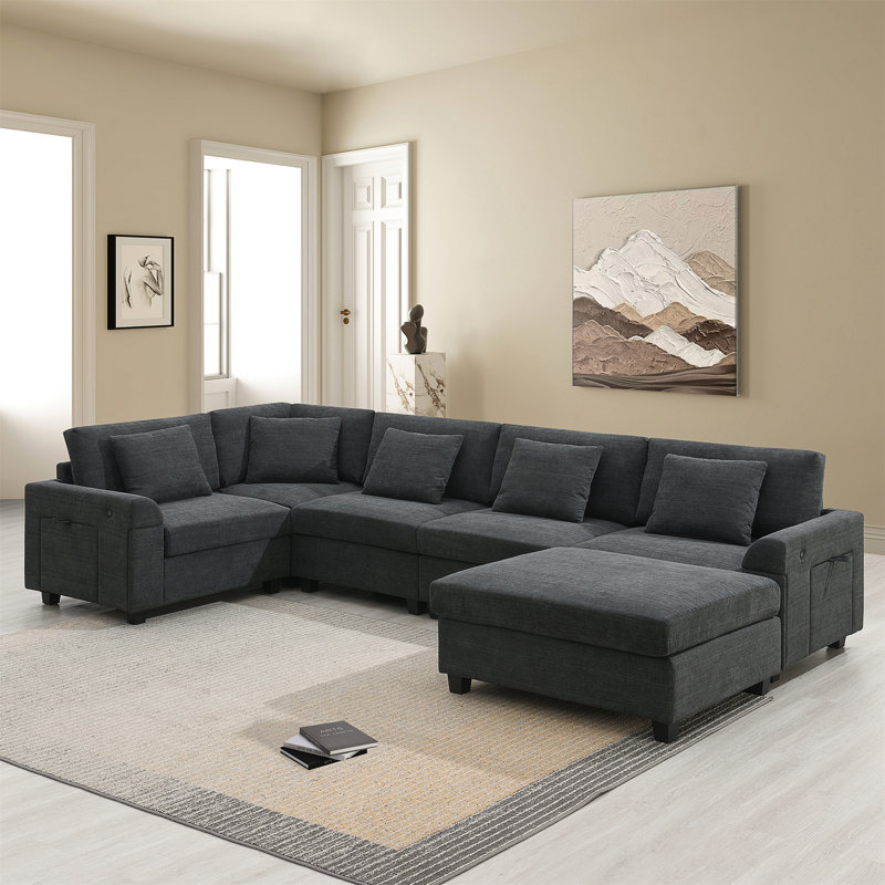 128*67" U Shaped Sectional Sofa, Black