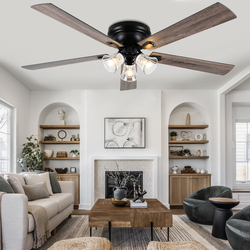 60" Farmhouse 5 - Blade Flush Mount Low Profile Indoor Standard Ceiling Fan With Remote Control And Light Kit Included