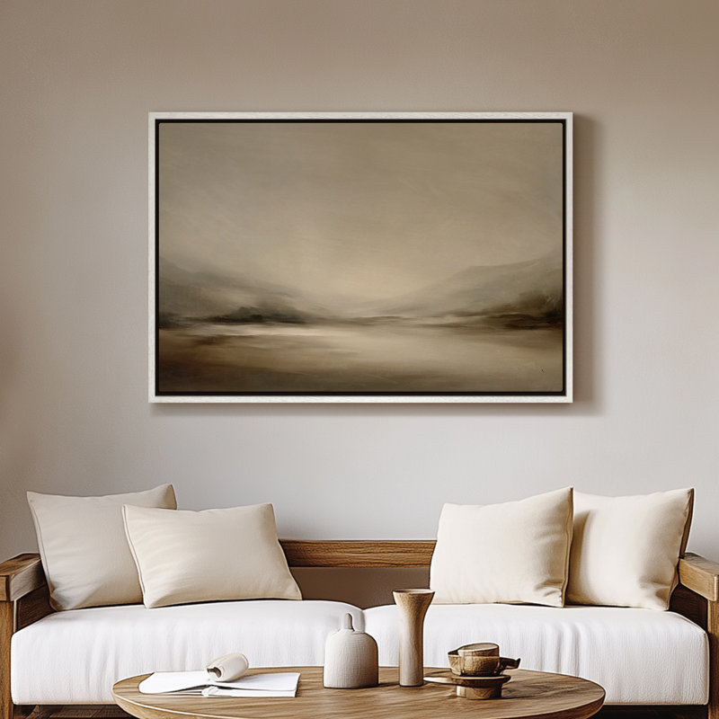 Art mural sur toile encadrée - Paysage minimaliste de la vallée brumeuse dans des tons de beige et de gris doux - 16 po x 24 po, 24 po x 36 po