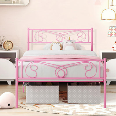 Twin Metal Bed Frame with Headboard & Footboard, Kids Platform Bed, 12" Storage Space, Steel Slats, Pink, No Box Spring