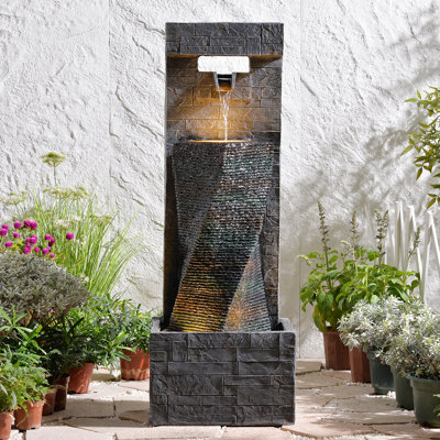 39.8’’ Tall Modern Spiral Waterfall Fountain Outdoor/indoor Water Fountain Resin Stone-like Water Feature With Led Lights For Outside, Garden, Patio, Porch, Deck, Backyard, Home Decor