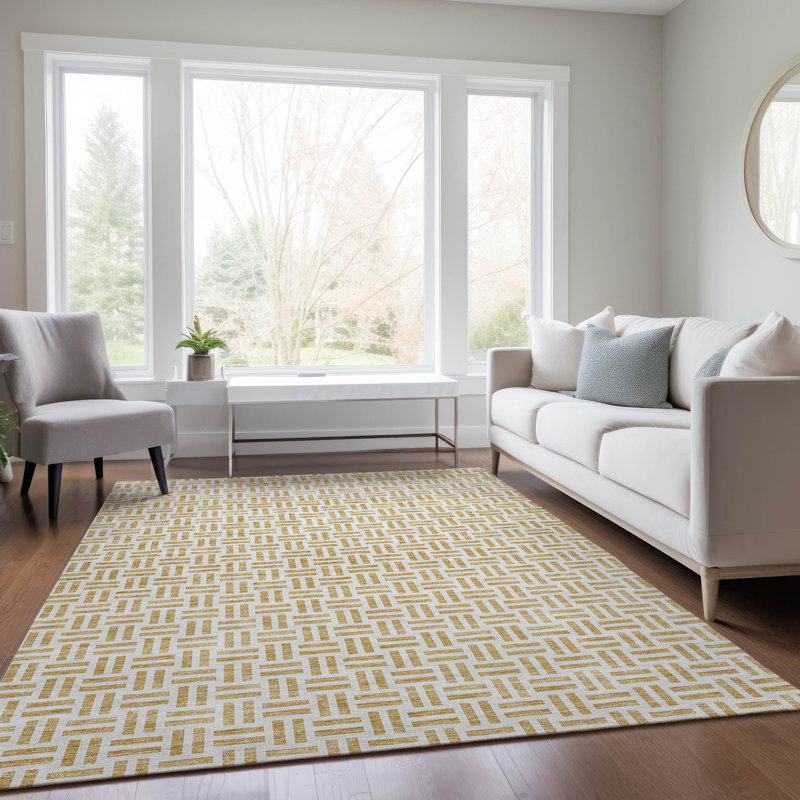Gold Geometric Synthetic Rectangular Indoor/Outdoor Rug 2'6" x 3'10"