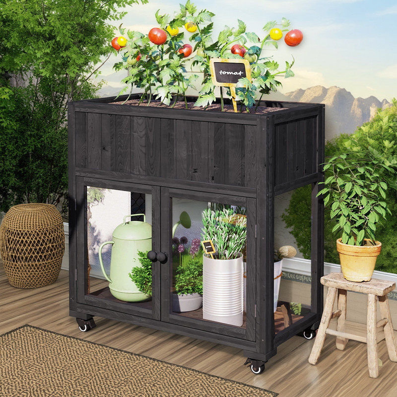 Mini Wood Cold Frame Garden Greenhouse with 2 Doors and Wheels, Black