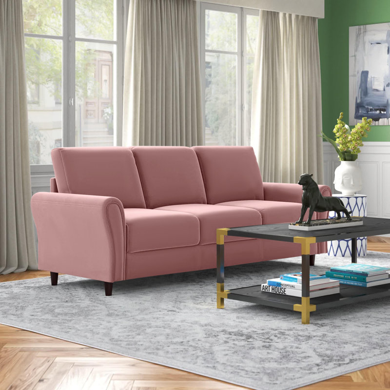 Causeuse en velours à accoudoirs roulés Javier, Velours rose, H 33,5 po x l 58,3 po x P 30,3 po