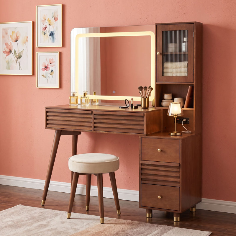 Meuble-lavabo élégant avec miroir lumineux à DEL, armoire en verre cannelé, rangement spacieux et station de charge intégrée
