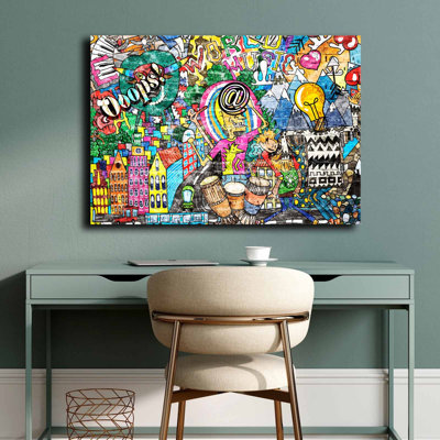 Green And Yellow Street Graffiti Brick Wooden Frame  Wall Canvas Art – 27.6'' X 39.4''